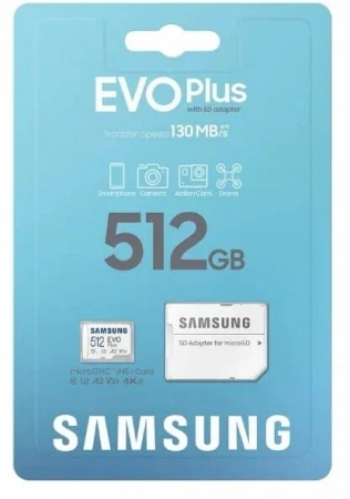 Карта памяти Samsung microSDXC 512 ГБ Class 10, V30, A2, UHS-I U3, R 130 МБ/с, адаптер на SD фото в интернет-магазине gdrone.ru