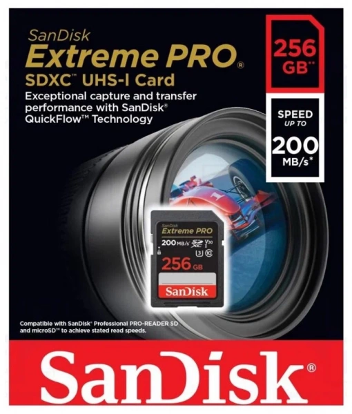 Карта памяти SanDisk SDXC 256GB Extreme Pro UHS-I V30 U3 200/140 MB/s фото в интернет-магазине gdrone.ru