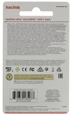 Карта памяти MicroSDXC Card Sandisk Ultra 64gb фото в интернет-магазине gdrone.ru